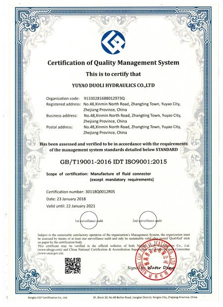 Chiny YUYAO DUOLI HYDRAULICS CO.,LTD. Certyfikaty
